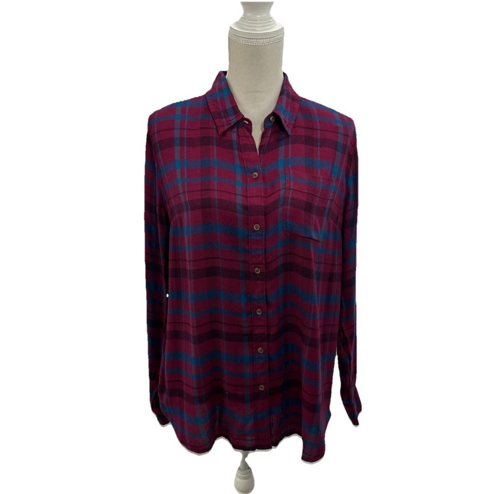 Lucky Brand Blue Red Plaid Button Up Shirt Back Button-Slit